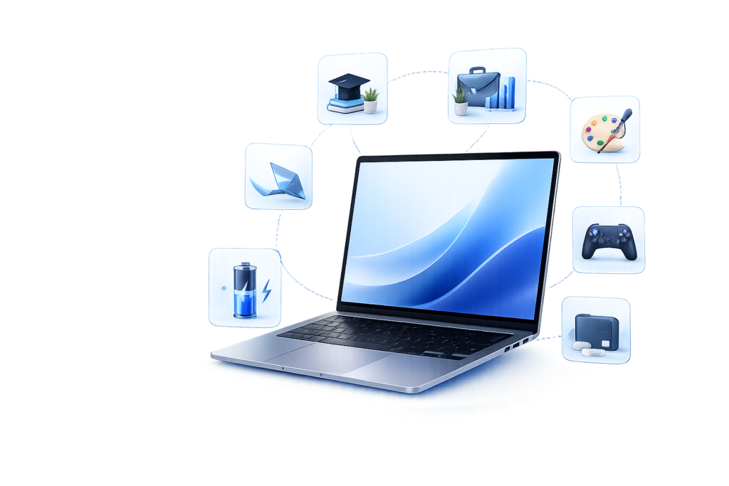 Laptop illustration representing laptop buying guides for study, work, creativity, gaming, battery life, and everyday use